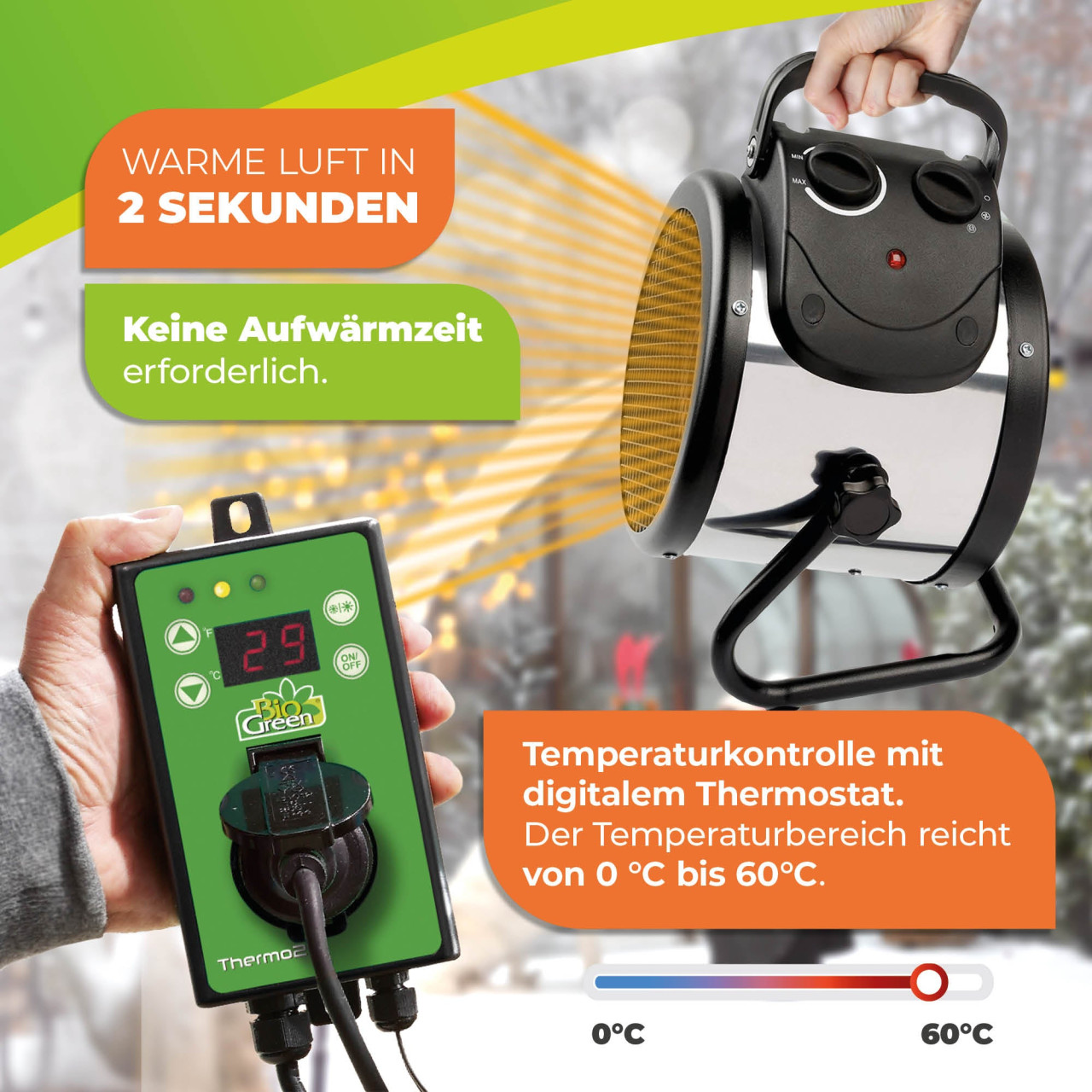 BioGreen Elektroheizung für Gewächshaus Palma Twin Digital silber/schwarz 25 x 30 cm mit digitalem Thermostat 1000/2000 W Bild 3