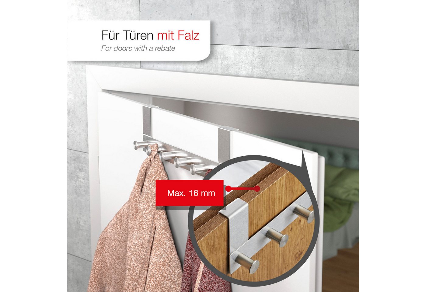 SO-TECH® Türgarderobe Garderobenleiste LINEA 380 x 110 mm, mit 6 Haken Türhaken, (Spar-Set, 2-St), Edelstahl matt gebürstet, für Türen mit Falz max. 16 mm Bild 3