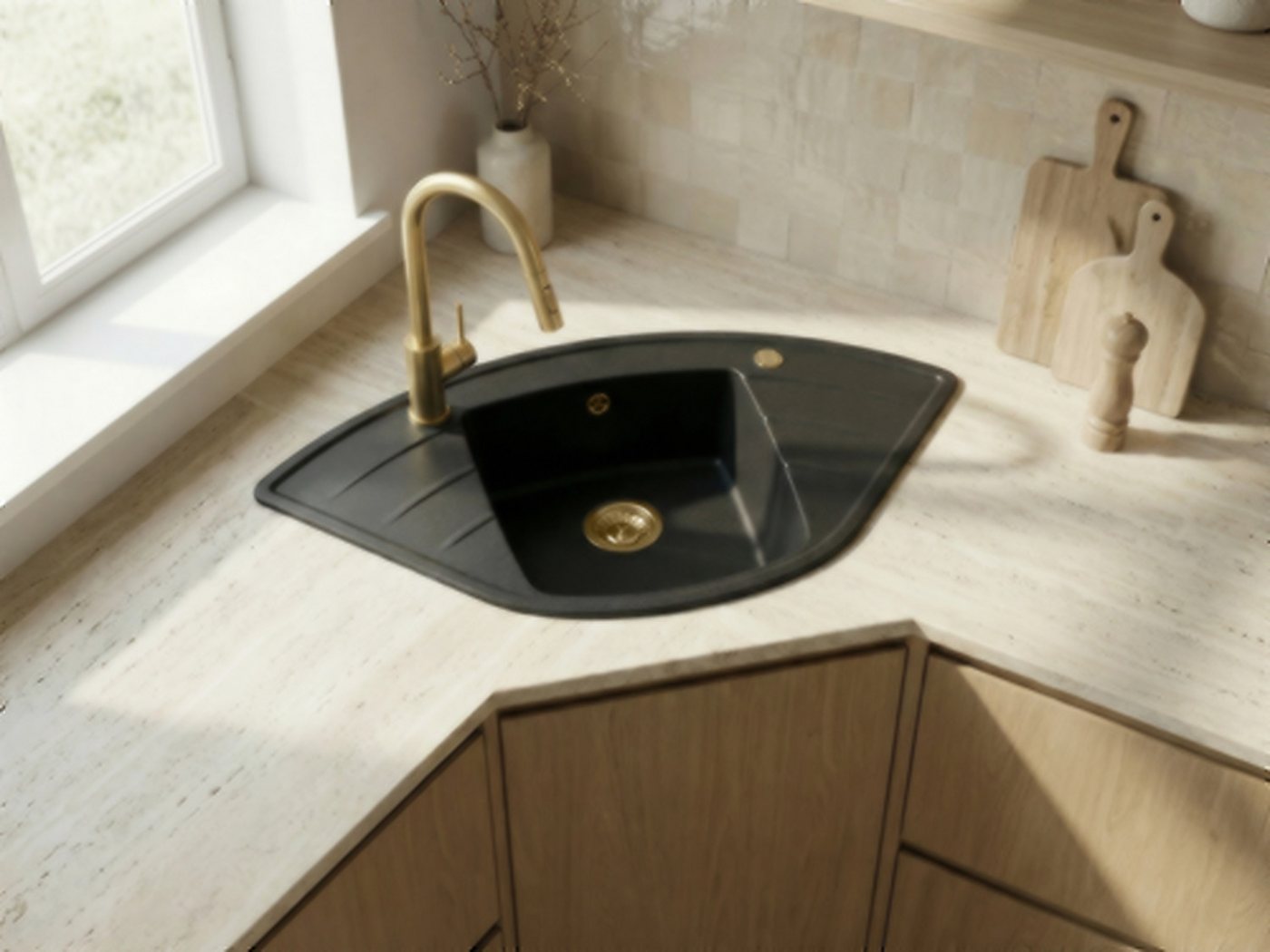 manestein Granitspüle Granitspüle Altair Eckspüle 96,5x50cm Trapez mit Abtropffläche Graphit
