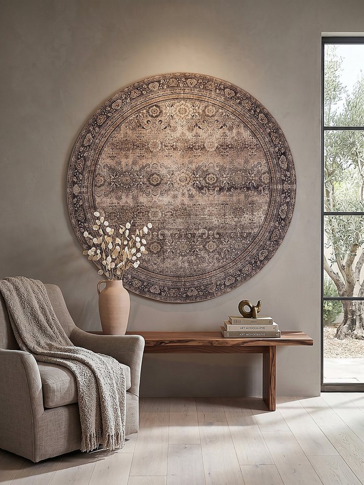 KADIMA DESIGN Teppich VERNANTE Kurzflorteppich waschbar Blütenrosetten Orientalisch, Rund, Höhe: 5 mm, Ø 120 cm, Braun-Grau, 100 % Polyester, Gekettelt, Strapazierfähig