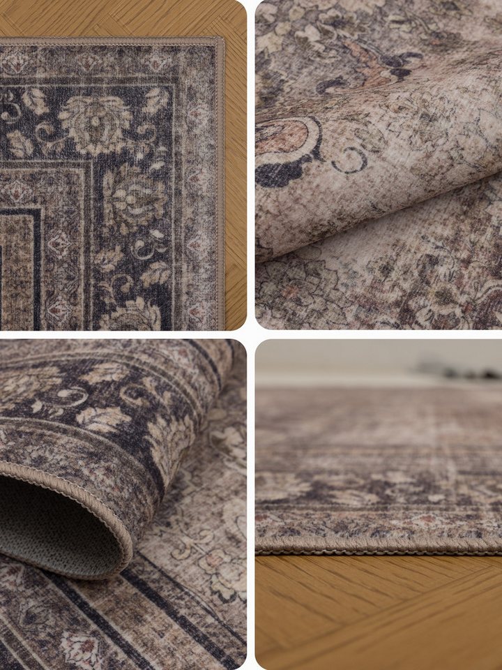 KADIMA DESIGN Teppich VERNANTE Kurzflorteppich waschbar Blütenrosetten Orientalisch, Rund, Höhe: 5 mm, Ø 120 cm, Braun-Grau, 100 % Polyester, Gekettelt, Strapazierfähig Bild 2