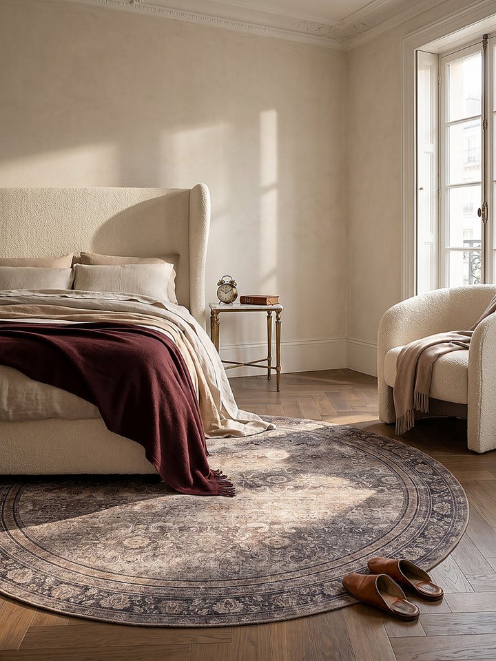 KADIMA DESIGN Teppich VERNANTE Kurzflorteppich waschbar Blütenrosetten Orientalisch, Rund, Höhe: 5 mm, Ø 120 cm, Braun-Grau, 100 % Polyester, Gekettelt, Strapazierfähig Bild 3