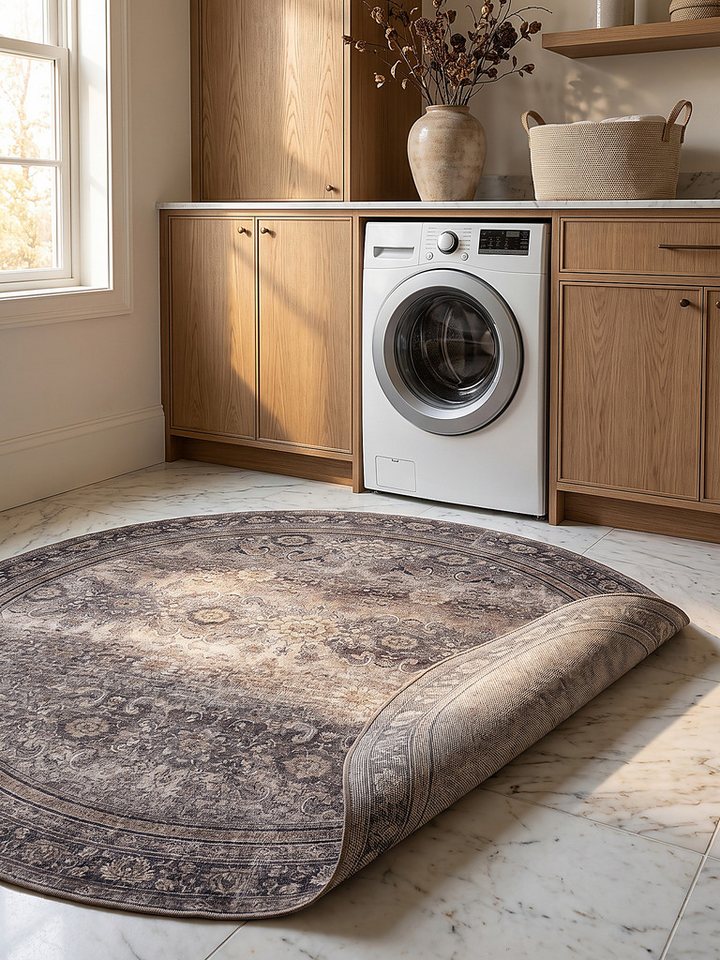 KADIMA DESIGN Teppich VERNANTE Kurzflorteppich waschbar Blütenrosetten Orientalisch, Rund, Höhe: 5 mm, Ø 120 cm, Braun-Grau, 100 % Polyester, Gekettelt, Strapazierfähig Bild 5