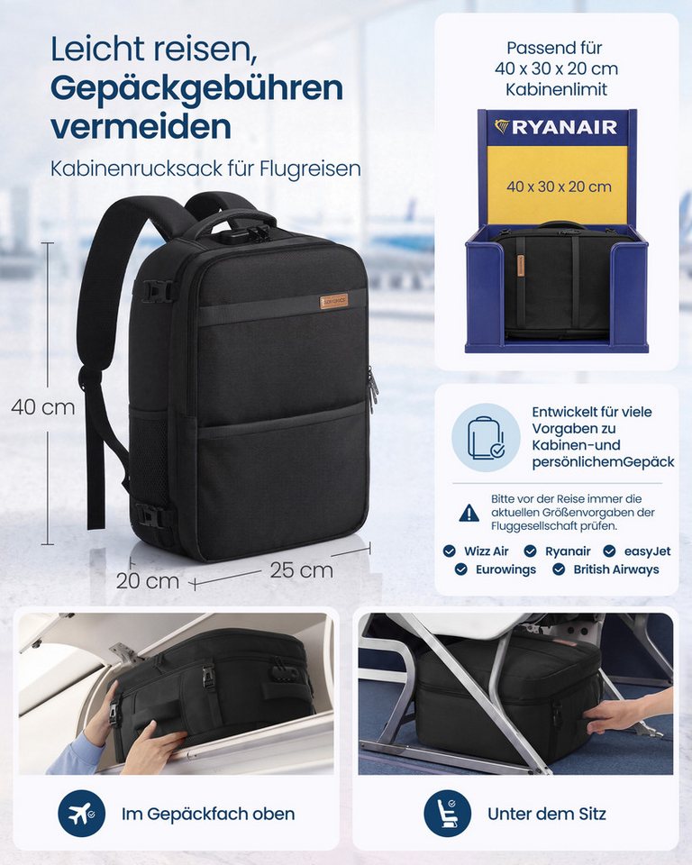 SONGMICS Reiserucksack Zahlenschloss, wasserabweisend, Laptoprucksack, Handgepäckrucksack für Flugreisen, mit Nassfach, 180° aufklappbar