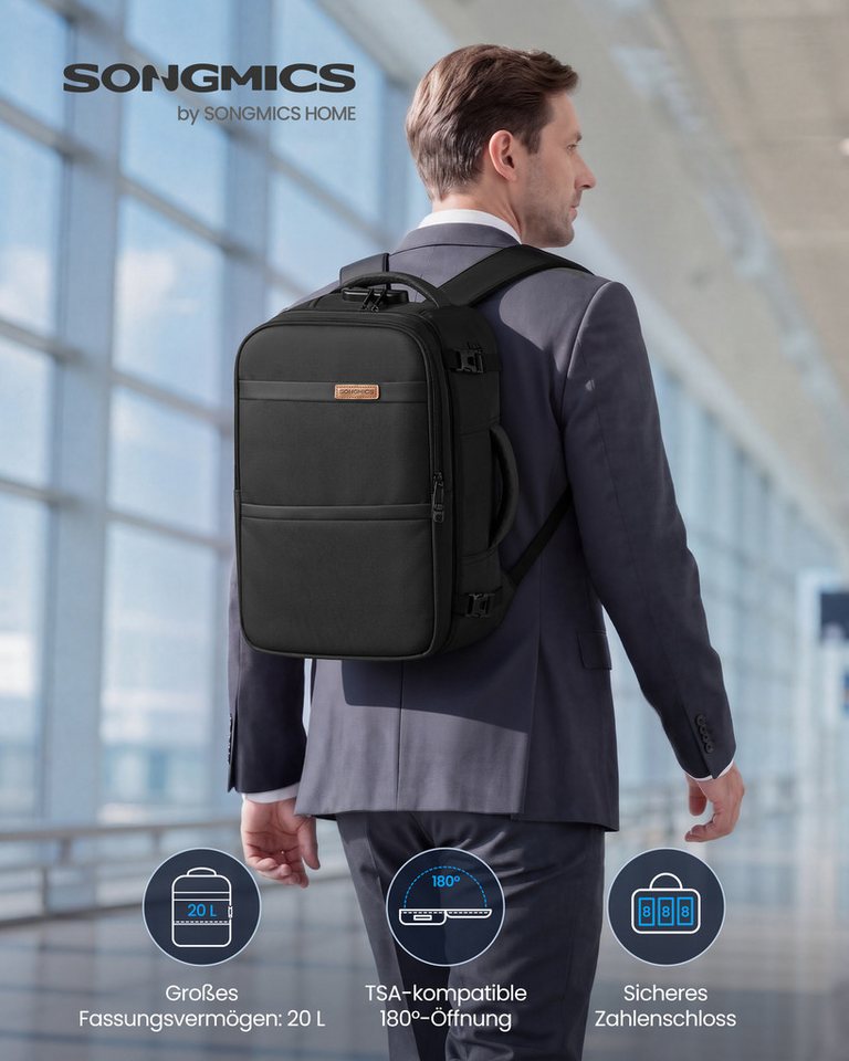 SONGMICS Reiserucksack Zahlenschloss, wasserabweisend, Laptoprucksack, Handgepäckrucksack für Flugreisen, mit Nassfach, 180° aufklappbar Bild 3
