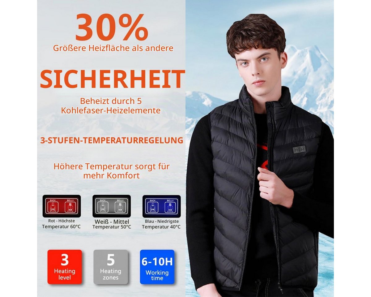 Roenllce Funktionsweste Beheizbare Weste Herren Winterweste mit 10000 mAh Akku 3 Temperaturstufen, 5 Heizzonen für Outdoor Camping Motorrad Bild 2