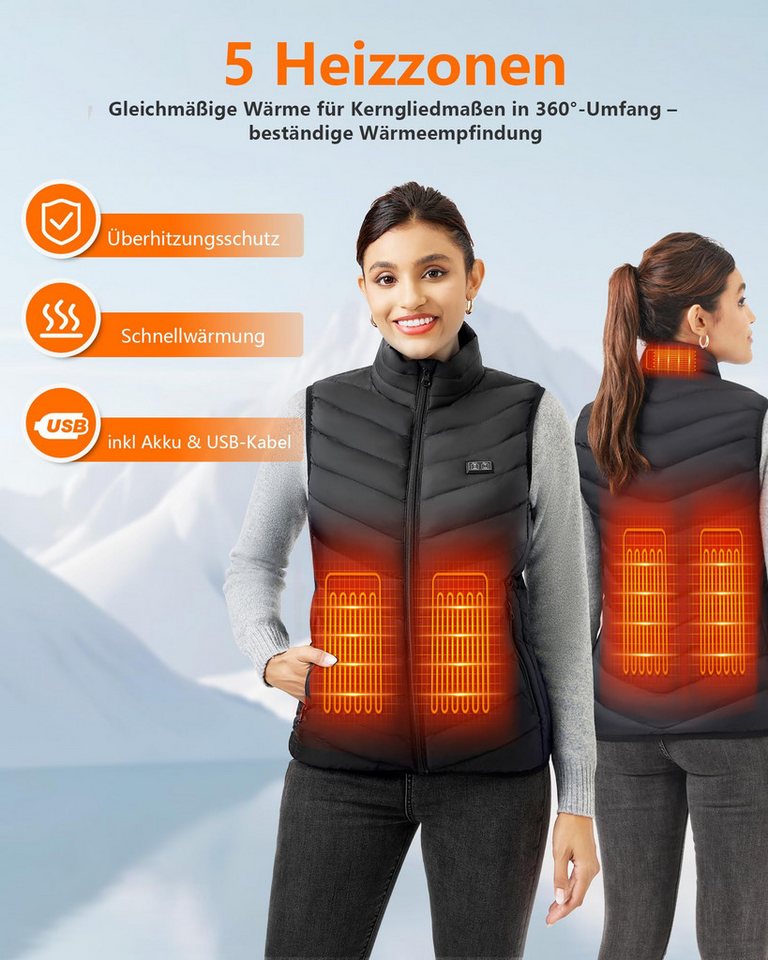 Roenllce Funktionsweste Beheizbare Weste Damen Winterweste mit 10000 mAh Akku 3 Temperaturstufen, 5 Heizzonen für Outdoor Camping Motorrad Bild 2
