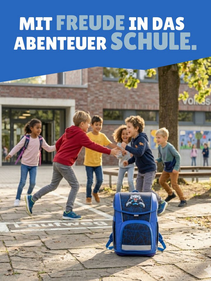 McNeill Schulranzen Wild Panther Schultasche Blau ab der 1. Klasse (Set, 4-tlg., inkl. Federmäppchen Schlamper Turnbeutel), 960 Gramm leicht, 21L Volumen, mit Brustgurt und Hüftgurt
