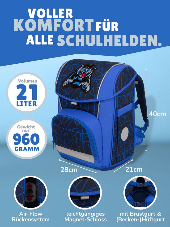 McNeill Schulranzen Wild Panther Schultasche Blau ab der 1. Klasse (Set, 4-tlg., inkl. Federmäppchen Schlamper Turnbeutel), 960 Gramm leicht, 21L Volumen, mit Brustgurt und Hüftgurt Bild 5