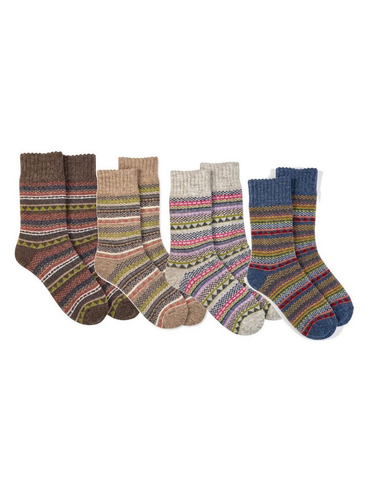 Black Snake Thermosocken Wintersocken mit Alpakawolle und Bund ohne Gummi für Damen und Herren (Socken-Set, 4-Paar, Farben sortiert 35/38) Vollplüsch gefüttert vorgewaschen gefertigt in Portugal Skandi-Ringel