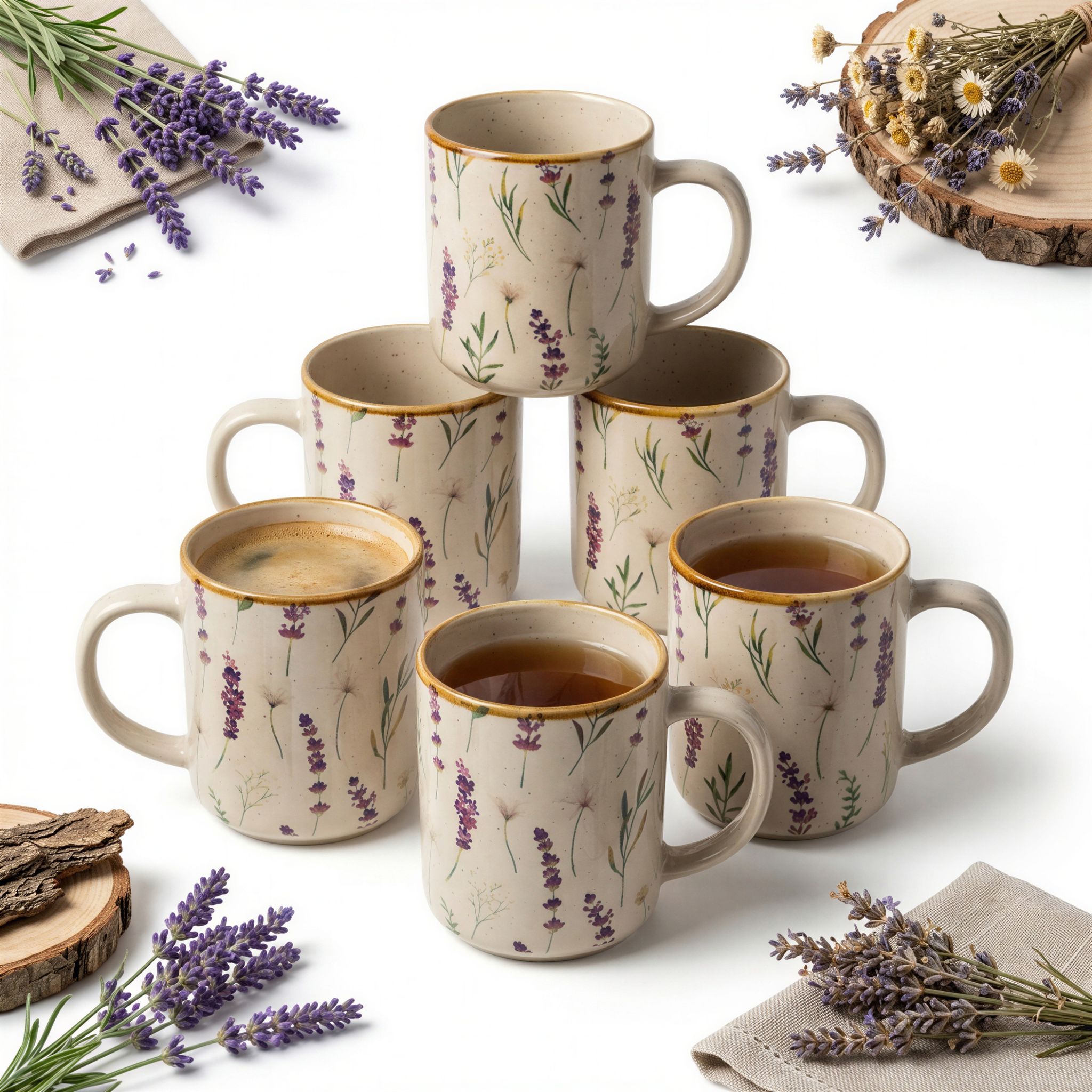 6er-set Keramiktassen 400 Ml Für Kaffee, Tee, Blumen, Lavendel