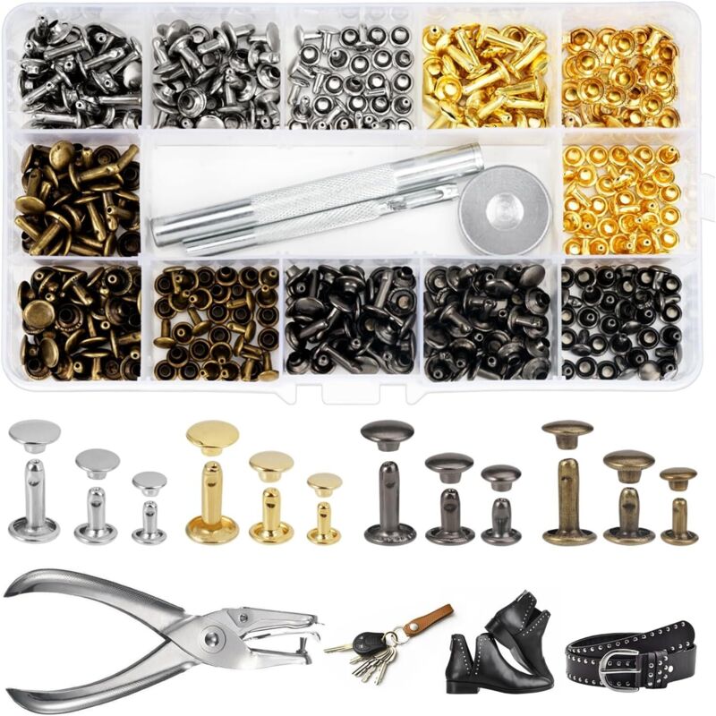 Rivets En Cuir 180 Pièces 3 Tailles Double Rivet Goujons Tubulaires En Métal Rivets Couture Sac,rivets Cuir Avec 3 Pièces Outil De Fixation Et Punch Pince Pour Artisanat En Cuir Diy Rivets,4 Couleurs