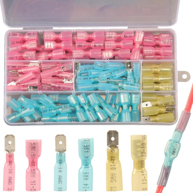 Kit De 112 Cosses Thermorétractables, Cosses Électriques À Sertir Mâles Et Femelles Étanches, Cosse Electrique Plate Connecteurs À Sertir Thermorétractables De Qualité Marine, Bornes Électriques