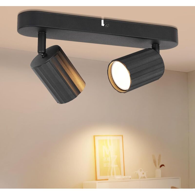 Plafonnier Led 2 Spots Noir, Gu10 Eclairage De Plafond Orientable À 350° Spots De Plafond Max. 50 Watt Par Spot, Applique Murale Intérieure Pour Cuisine Chambre Salon Sans Ampoule