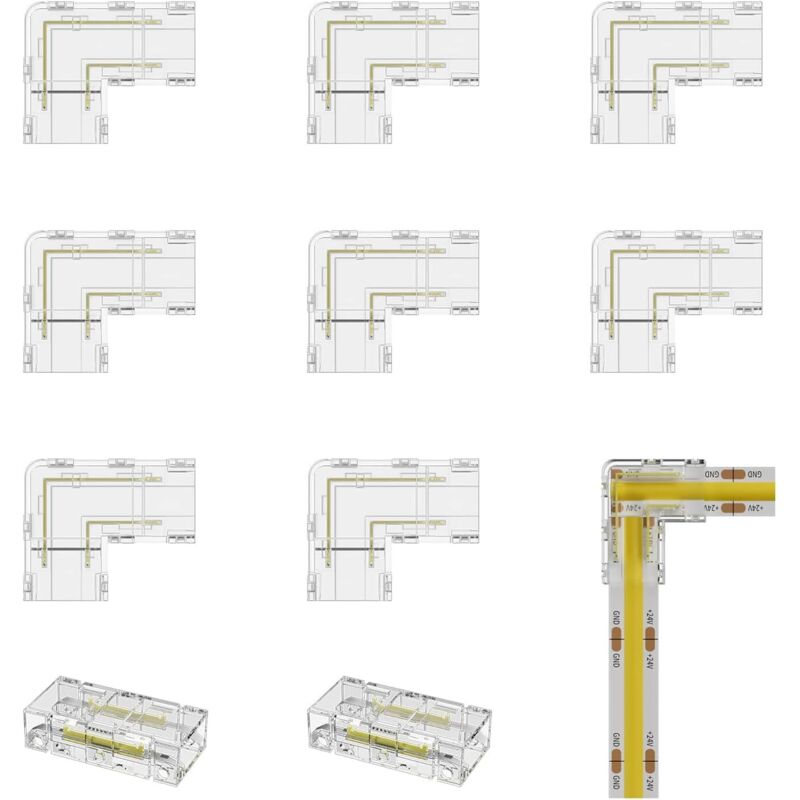10pcs Connecteurs Pour Ruban Led Cob 2pin 8mm, Incluant 8pcs Connecteurs Type L/angle, 2pcs Connecteurs Intermédiaires Sans Espace Pour Les Lumières Led Srtip (pas Pour Les Bandes 5mm Et 10mm)
