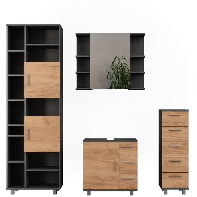 Vicco - Badmöbel-set Ilias, Anthrazit/goldkraft Eiche, 4 Teile, Mit Hochschrank Und Midischrank