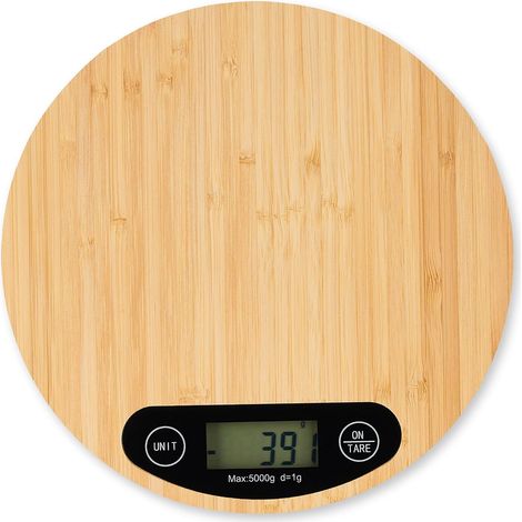 Balance Cuisine Bambou Numérique, Écran Lcd, Fonction Tare, Supporte Jusqu’à 5 Kg, Ronde, Ø 20 Cm, Nature