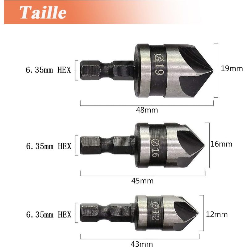 90°-fasenfräser, 5-schneidiger, Konischer Fasenfräser Für Walnussholz, 12 Mm/16 Mm/19 Mm, 1/4"-sechskantschaft, Fasenfräser Aus Kohlenstoffstahl.