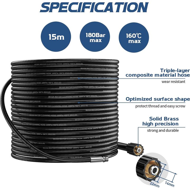15 M Abflussreinigungsschlauch Für Kärcher K2, K3, K4, K5, K6, K7 Hd Hochdruckreiniger, Professionelles 180-bar-abflussreinigungsset Mit Düse, Drehdüse Und Adaptern Für Lavor, Parkside Und Bosch