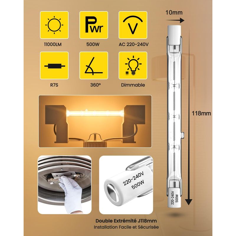 500w R7s Halogenlampe 118mm Dimmbar Warmweiß 2800k Doppelseitiger J118 Linearstrahler (2er-pack)