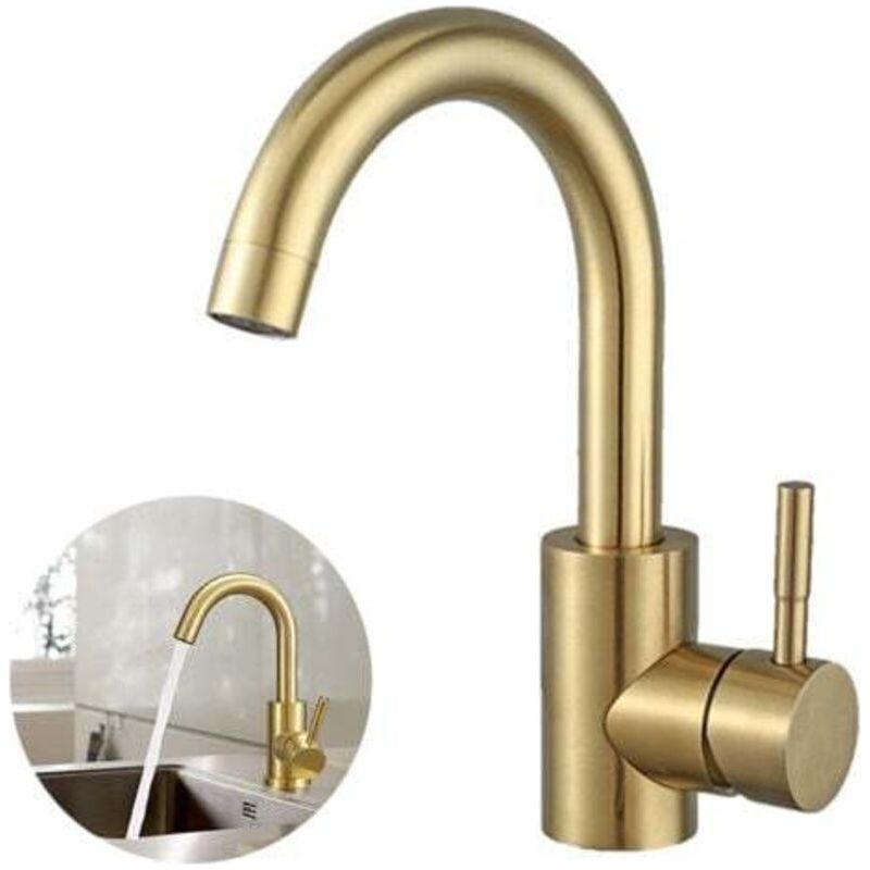 Waschtischarmatur, 360° Schwenkbar, Hoher Auslauf, Für Bad Oder Kleine Küche, Gebürstetes Gold