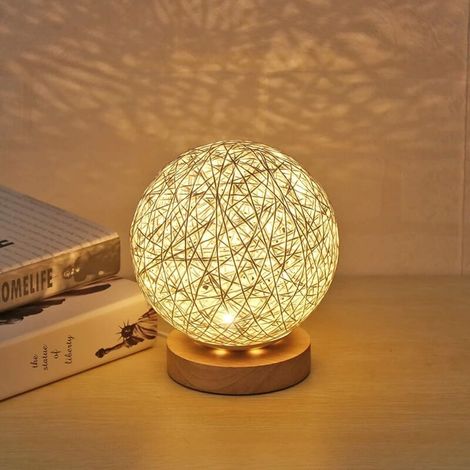 Lampe De Table En Bois, Lampe De Table Usb Avec Abat-jour Sphérique En Rotin Travaillé À La Main Lampe De Lune En Bois Pour Chambre À Coucher Décorative De Table De Chevet (blanc)