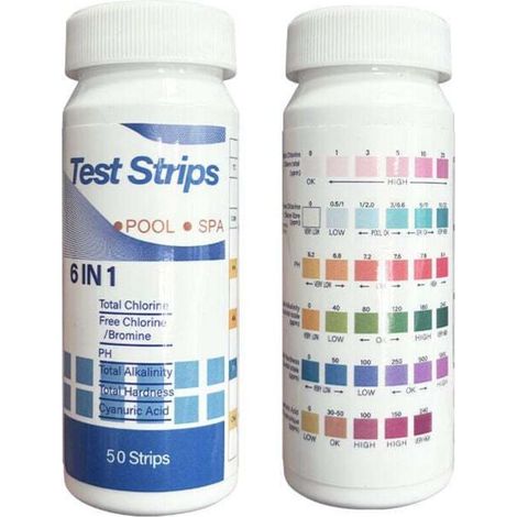 Packung Mit 50 6-in-1-teststreifen Für Whirlpools Und Schwimmbäder Zur Bestimmung Von Freiem Chlor, Brom, Gesamthärte, Gesamtalkalität, Cyanursäure Und Ph-wert.