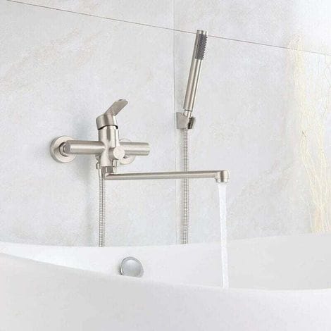 Badewannenarmatur Mit Runder Handbrause, Wandmontage, Mischbatterie, Gebürsteter Edelstahl, Duscharmatur Für Badezimmer