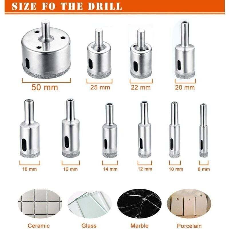 Set Mit 10 Diamantbohrern (8–50 Mm) Für Keramik, Glas, Porzellan Und Fliesen – Vernickelter Kohlenstoffstahl – Schnelles Und Sauberes Schneiden