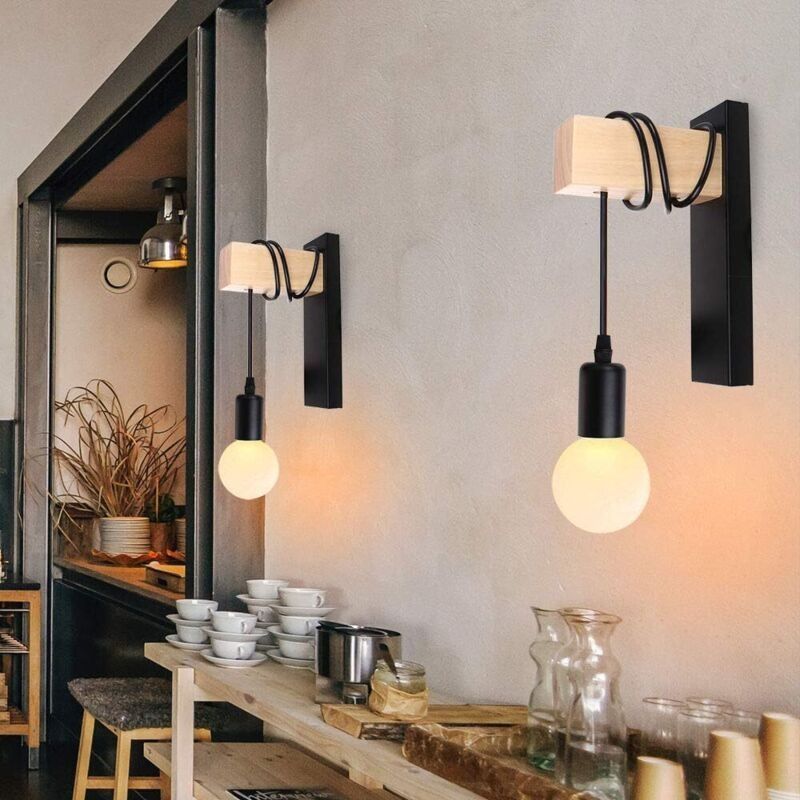 Wand- Und Deckenleuchte Im Vintage-industriestil, 40 W, Retro-wandlampe Aus Schwarzem Holz Und Metall.