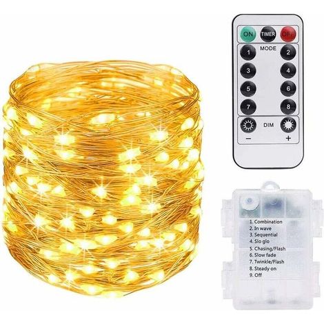 10 M Lange, Batteriebetriebene Lichterkette Mit 100 Leds, Kupferdraht Und Fernbedienung, Ideal Für Karneval, Partys, Geburtstage, Hochzeiten Und Gärten. Schutzart Ip65 – Warmweißes Licht [energieklass