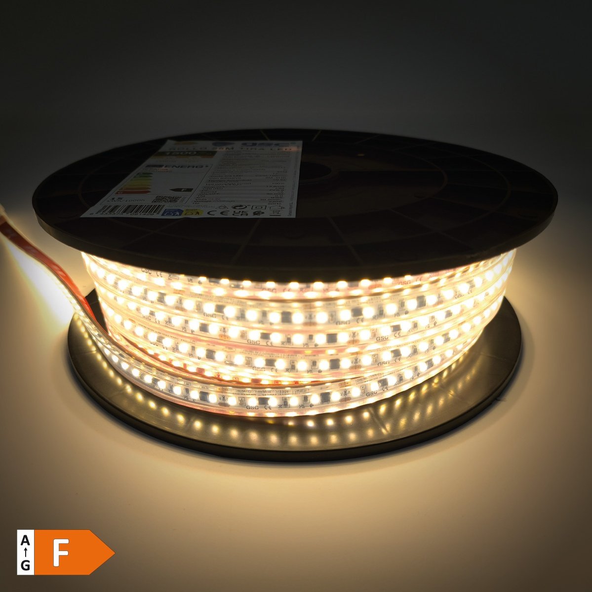 25 M Led-streifenrolle, 15 W/m, 3000 K, Ip65, 230 V, Dimmbar