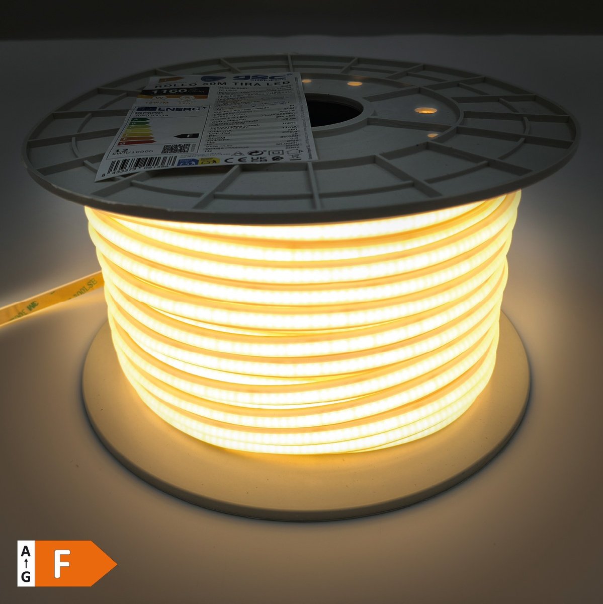 50 M Led-streifenrolle, 12 W/m, 3000 K, Ip65, 230 V, Dimmbar