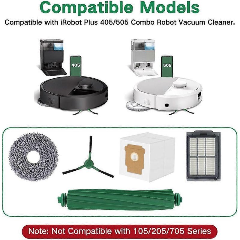 Ersatzteile Für Den Irobot Roomba Plus 405 Combo/505 Combo Saugroboter: Hauptbürste, Filter, Reinigungstuch, Staubbeutel.