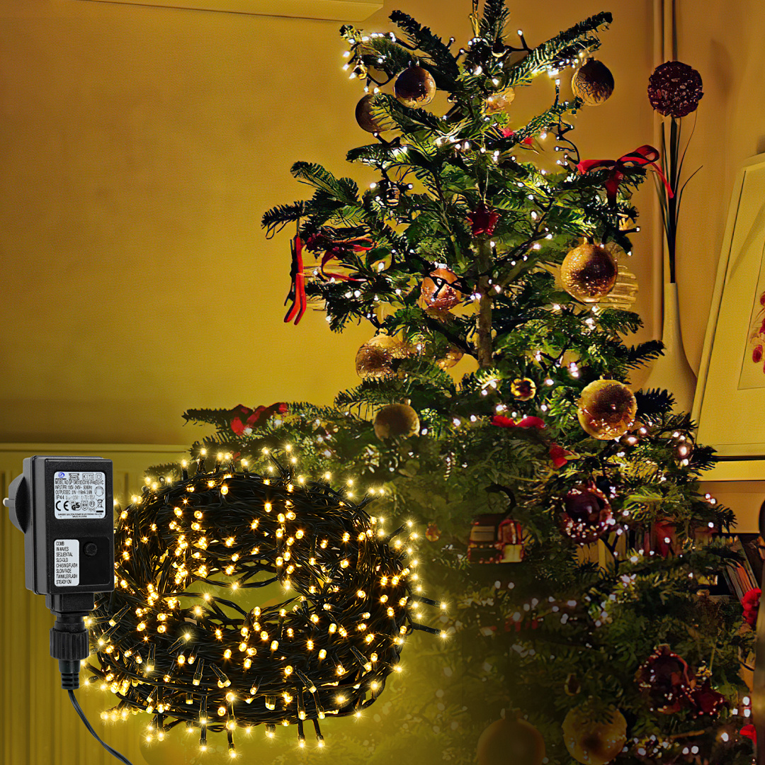 Randaco 20m 200 Led Lichterkette Für Weihnachtsbaum, Warmweiße Dunkelgrün Kupferdraht Mit 8 Programmen Leds Für Innen Und Außen Ip44