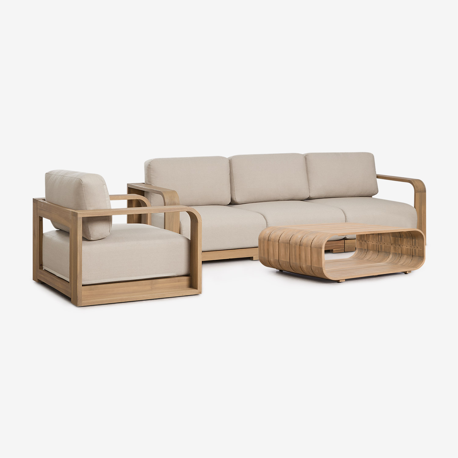 Sklum Garten-set Mit 3-teiliger Modularer Sofagarnitur Mit Armlehne, Sessel Und Couchtisch Aus Akazienholz Brivori Helles Akazienbraun