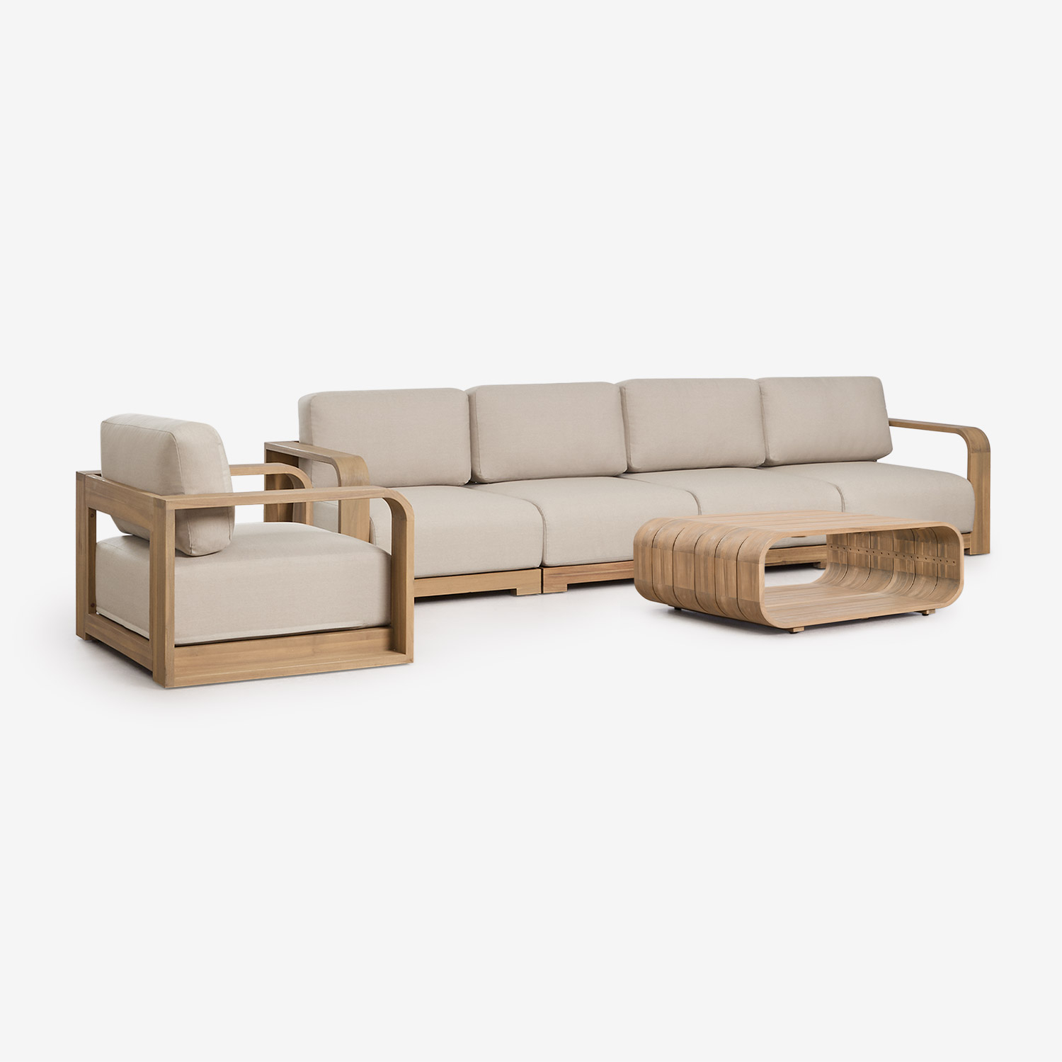 Sklum 4-teiliges Garten-set Mit Modularer Sofagarnitur Mit Armlehnen, Sessel Und Couchtisch Aus Akazienholz Brivori Helles Akazienbraun