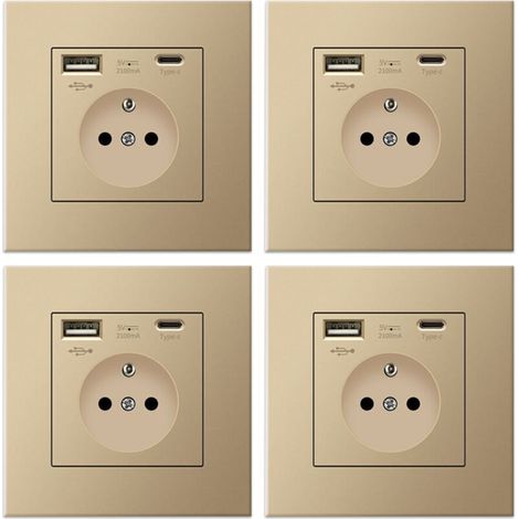 4er-pack Usb-typ-c-wandsteckdosen, 5 V 2,1 A, Europäischer Standard, Unterputzsteckdose Mit Usb-anschluss, Französische Steckdosenleiste, 110–250 V (gold)