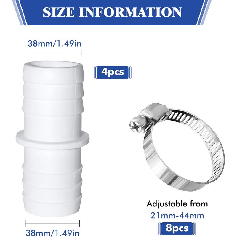 Schlauchverbinder, 4-teiliges Poolschlauch-adapterset, 32 Mm/38 Mm Poolanschlussadapter, Doppelschlauchadapter Mit 8 Schlauchschellen, Für Garten- Und Poolschläuche (38 Mm X 38 Mm)