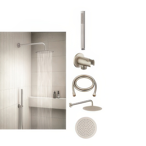 Set Doccia Gedy Con Soffione Tondo Diam. 25 Cm Spazzolato E Braccio 40 Cm High Pro Plus 04