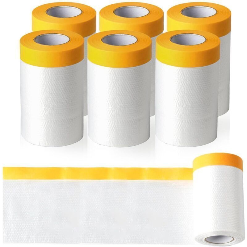 6 Rollen Schutzfolie Mit Abdeckband, Transparente Malerfolie Zum Abkleben, Abdecken Und Schützen Von Böden Und Möbeln – 55 Cm X 20 M