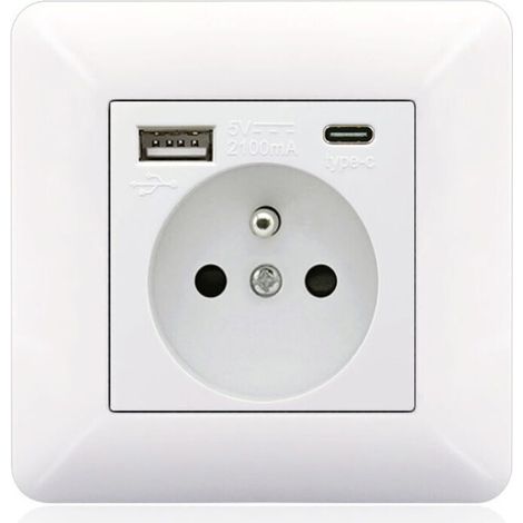 Steckdosenleiste Im Französischen Stil Mit Usb-c- Und Usb-anschlüssen, 16 A – 2 Steckdosen – 1 Usb-anschluss – 1 Usb-c-anschluss – Horizontale/vertikale Montage – Elegantes Weißes Design
