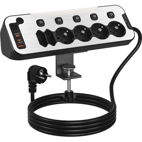 6-fach Steckdosenleiste Für Den Schreibtisch, Usb-c-steckdosenleiste, Überspannungsschutz Mit Aluminium-tischständer, 20-w-pd-schnellladefunktion, Abgewinkelte Steckdosenleiste, 2 M Kabel, Schwarz
