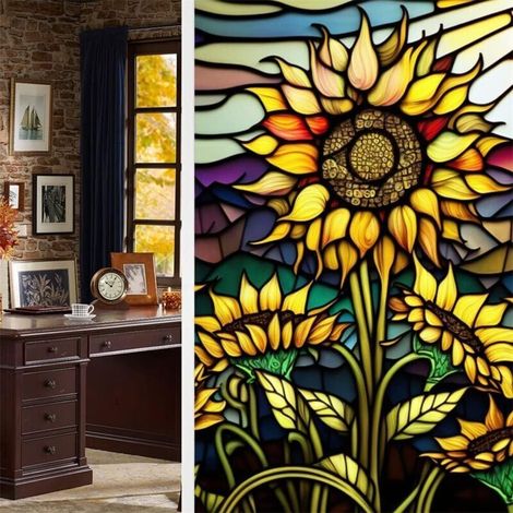 45 X 100 Cm – Sichtschutzfolie – Buntes Sonnenblumenmuster – Abnehmbar – Uv-beständig – Wärmedämmend
