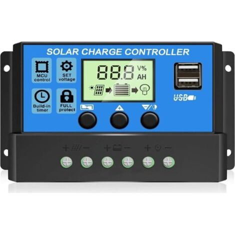 Bunthaus Lntyq 30a Pwm Contrôleur De Charge Solaire , Régulateur De Panneau Solaire 12v/24v Avec Écran Lcd Réglable, Double Port Usb, Réglage De La Minuterie, Paramètre Automatique (bleu)