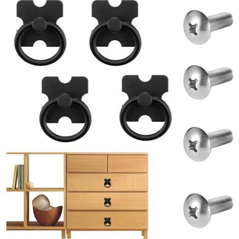 Bunthaus Csparkv Lot De 4 Poignées De Tiroir Et Anneau De Traction – Boutons De Tiroir Vintage Classiques Avec Poignées De Tiroir Noires Pour Armoire, Commode, Meubles