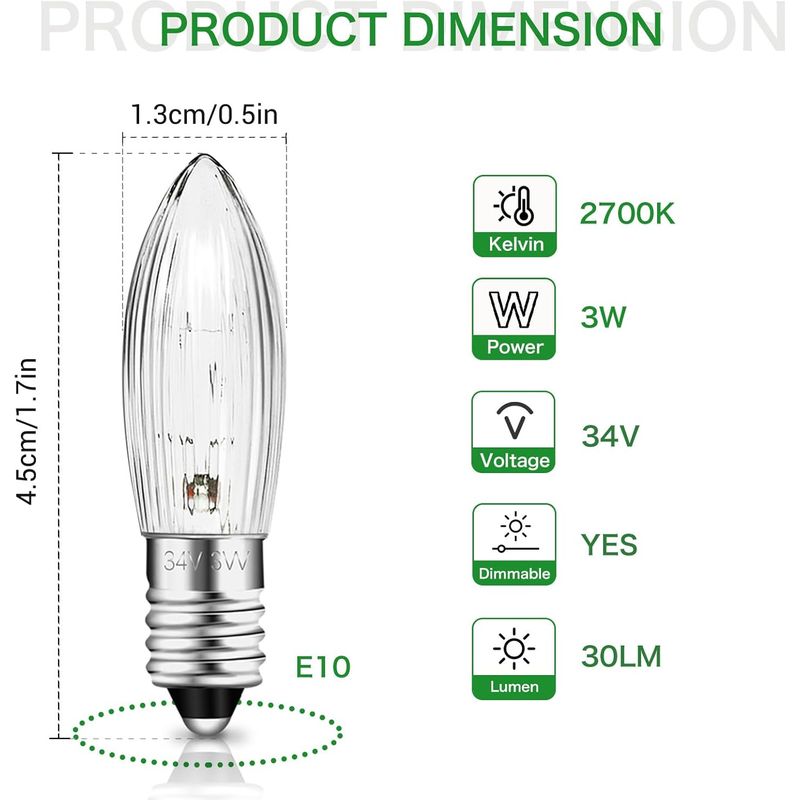 E10 34v 3w 7-flammige Kerzenbirne, Ersatzbirnen, 30lm Warmweiß (2700k), E10-kerzenbirne Für Lichterketten, Weihnachtsbäume, Dekorationsbeleuchtung, 10er-pack