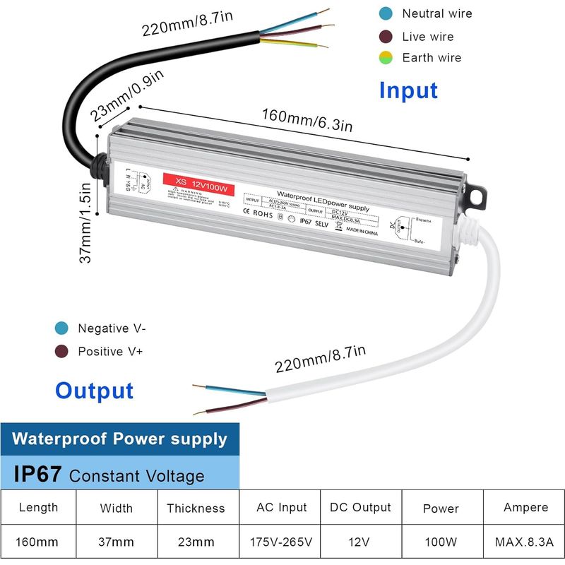 220-v-auf-12-v-100-w-led-transformator, 12-v-netzteil (100 W, 8,3 A), Wasserdicht (ip67), Ac/dc-wandler, 220-v-auf-12-v-konverter, 12 V 100 W Für G4-, Gu5.3-, Mr11- Und Mr16-led-streifen, Nicht Dimmba