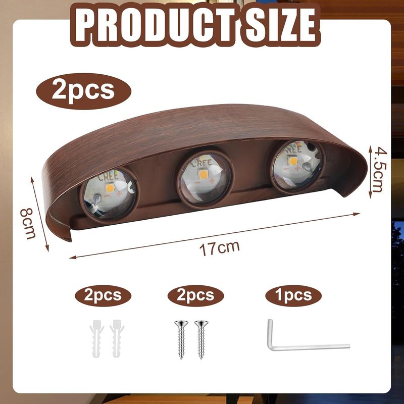 Led-wandleuchten (höhenverstellbar), 2er-pack, 6 W, Warmweiß 3000 K, Ip65 Wasserdicht, Aluminiumlegierung In Holzoptik, Geeignet Für Den Innen- Und Außenbereich, Ideal Für Schlafzimmer, Wohnzimmer, Ba