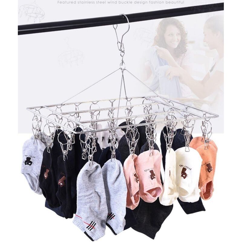 Socken- Und Wäscheständer Mit 36 Windfesten Edelstahlklammern Für Socken, Unterwäsche, Kleidung Und Handtücher (1 Kleiderbügel)